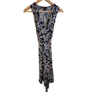 I.N.C. Blue & White Paisley with Tie Sleeveless Deep Plunge Neck Midi Dress MED